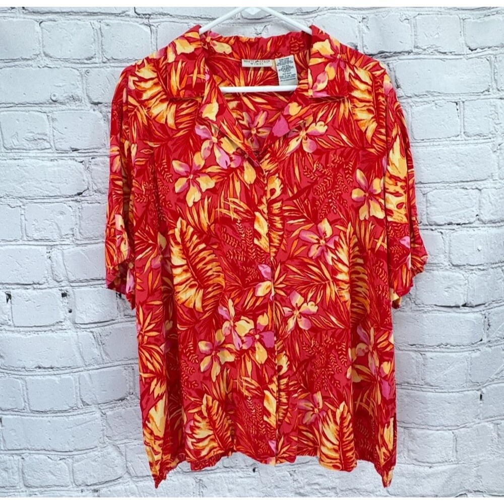 Vintage White Stag Woman Top 22W/24W Plus Orange Yellow Hawaiian Shirt Tropical